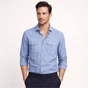 Reiss Light Blue Linen Cotton Front Pocket Casual Button-Down Shirt